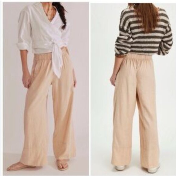 Free People Linen Wide Leg pull on style beige tan pants size L - Picture 1 of 5
